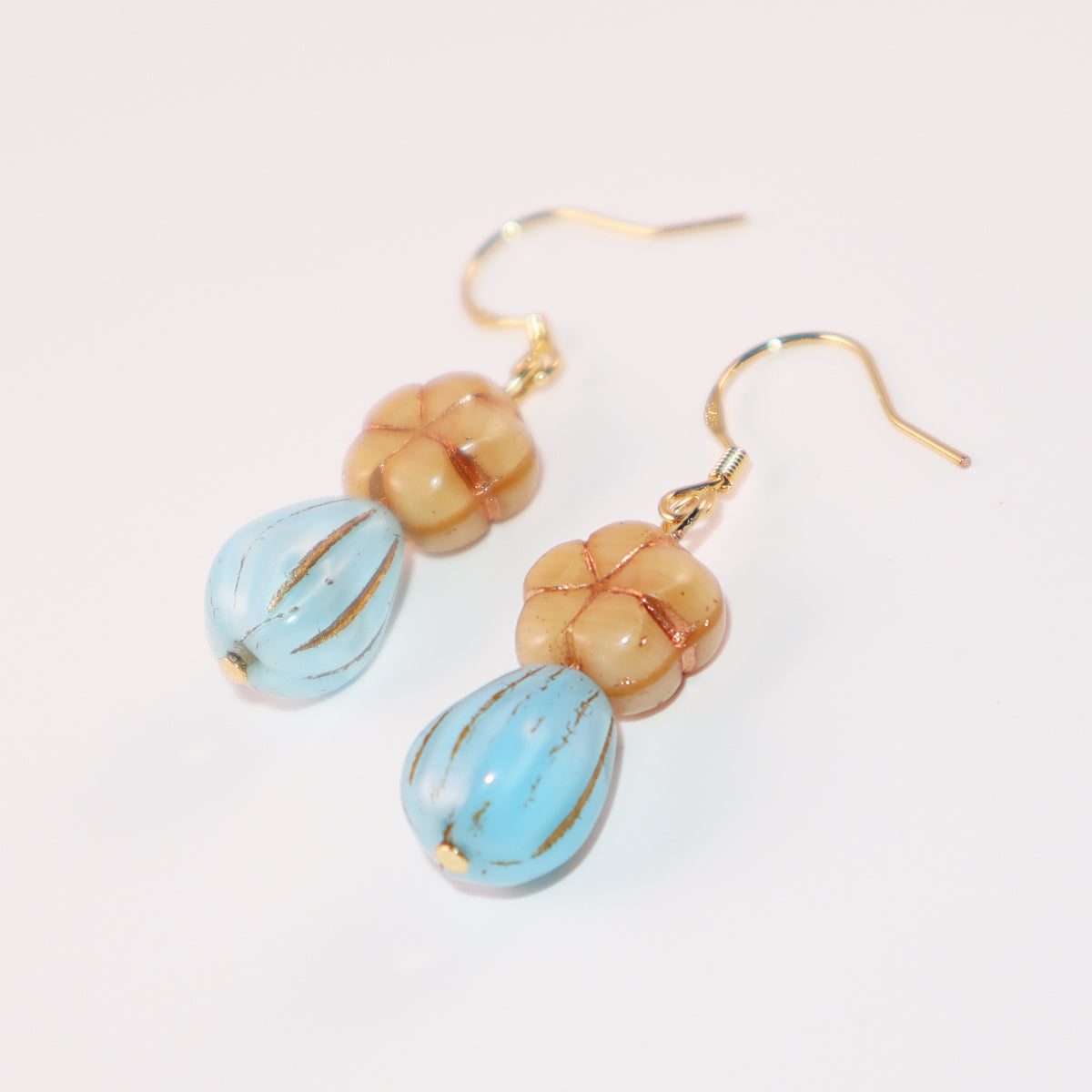 Champagne Floral Earrings – Blue Beaded Accents