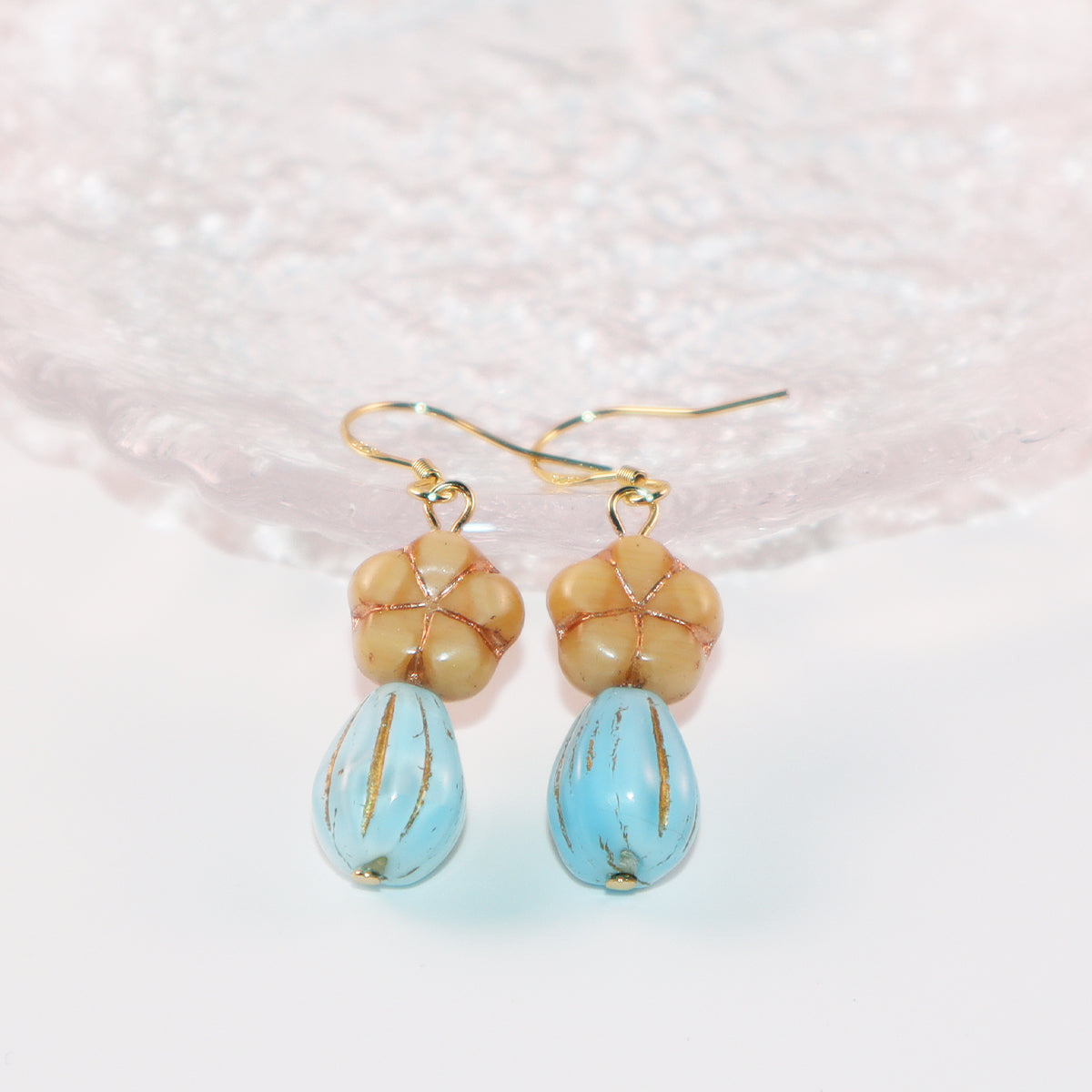 Champagne Floral Earrings – Blue Beaded Accents