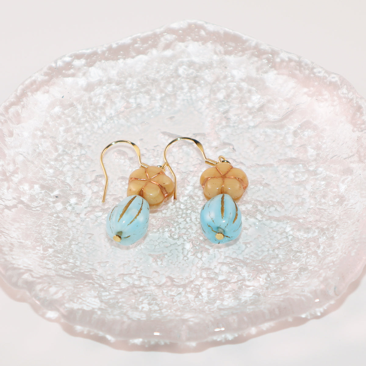 Champagne Floral Earrings – Blue Beaded Accents