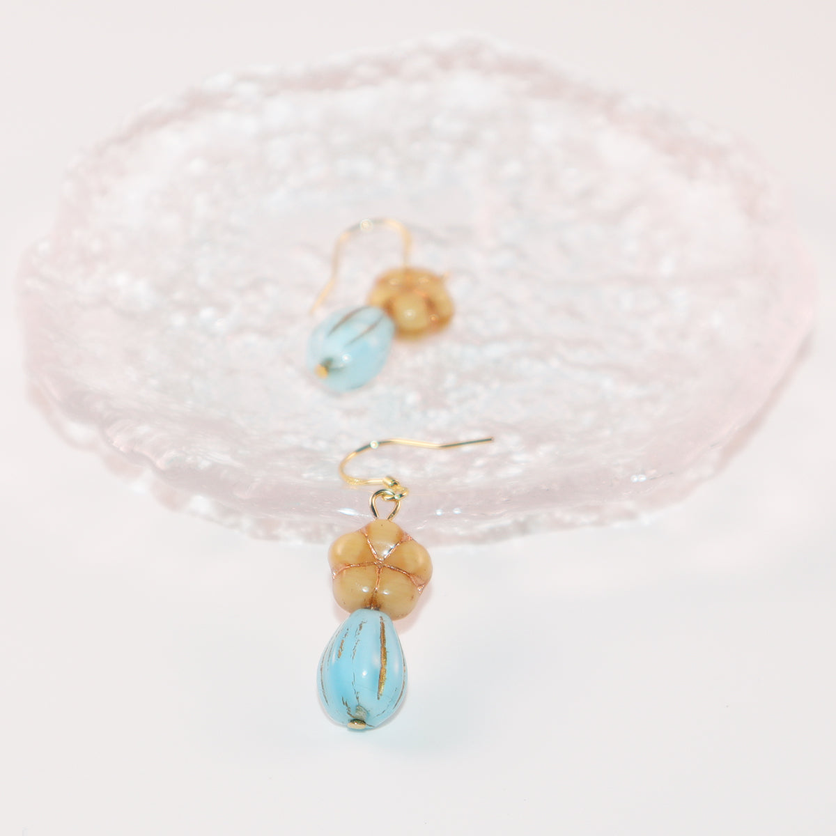 Champagne Floral Earrings – Blue Beaded Accents