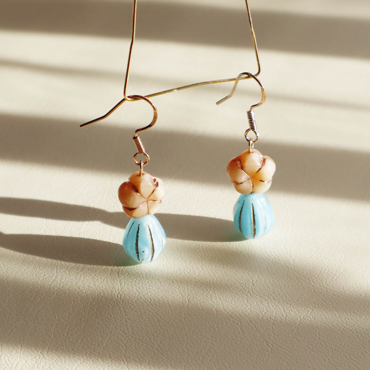 Champagne Floral Earrings – Blue Beaded Accents