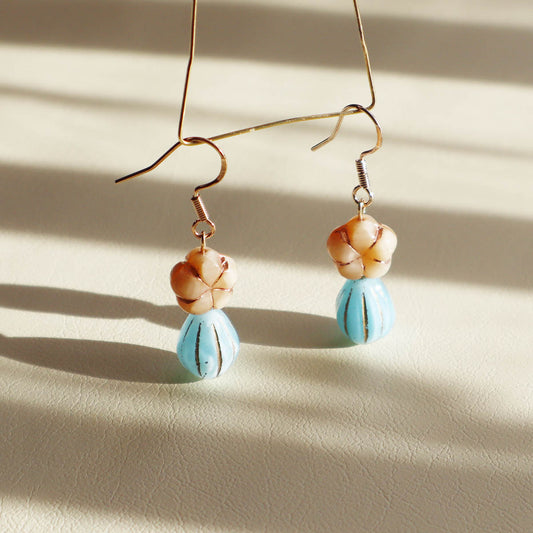 Champagne Floral Earrings – Blue Beaded Accents