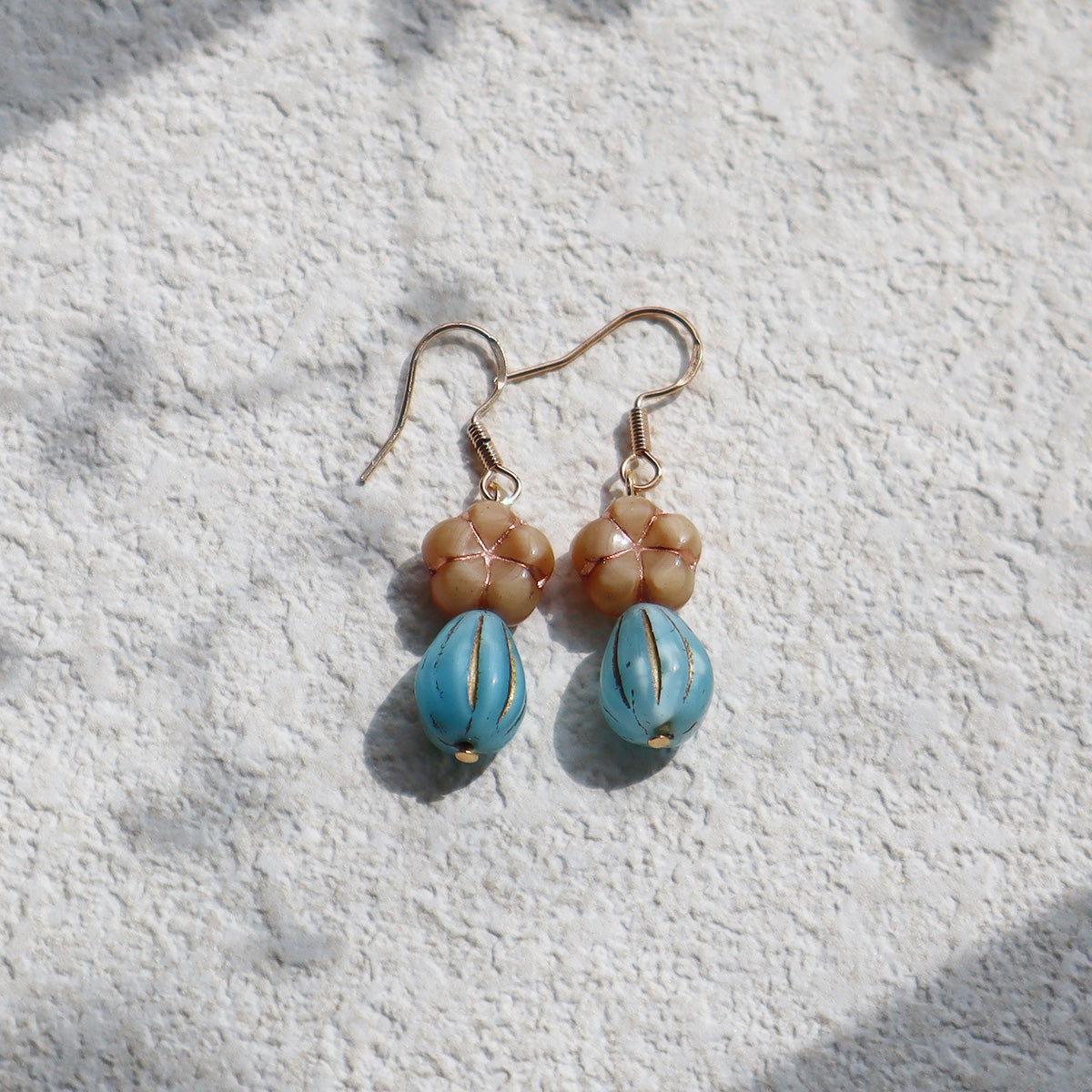 Champagne Floral Earrings – Blue Beaded Accents