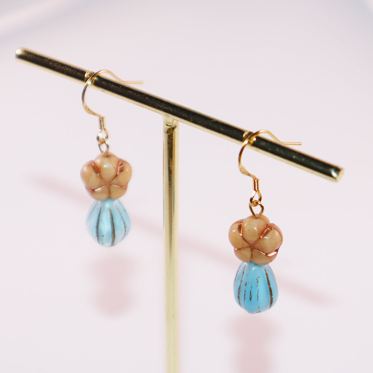 Champagne Floral Earrings – Blue Beaded Accents