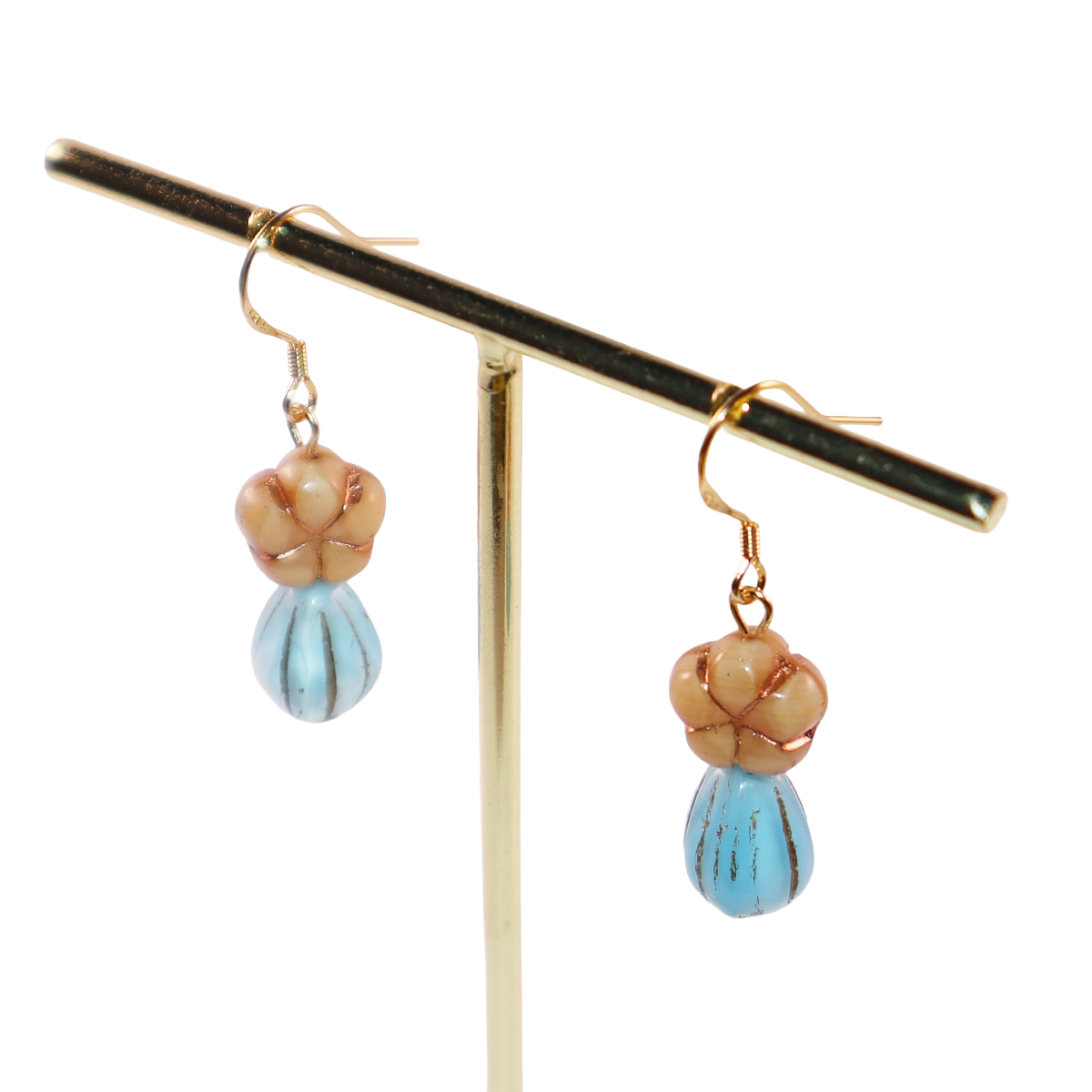 Champagne Floral Earrings – Blue Beaded Accents