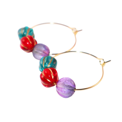 Colorful Hoop Earrings – Purple, Red, Green Beads