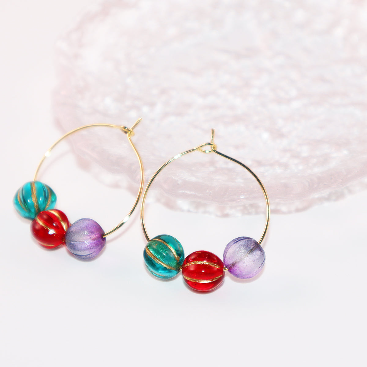 Colorful Hoop Earrings – Purple, Red, Green Beads