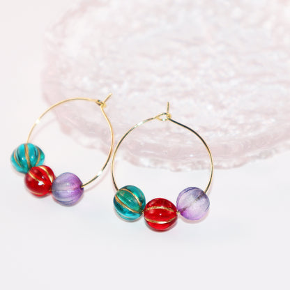 Colorful Hoop Earrings – Purple, Red, Green Beads
