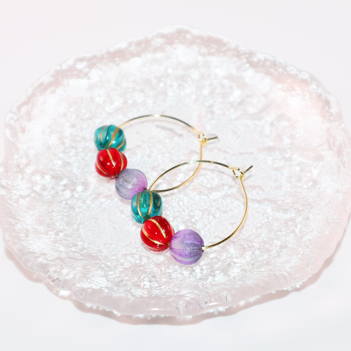 Colorful Hoop Earrings – Purple, Red, Green Beads