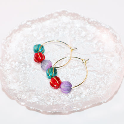 Colorful Hoop Earrings – Purple, Red, Green Beads