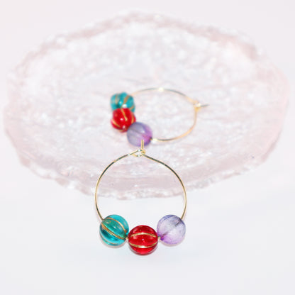 Colorful Hoop Earrings – Purple, Red, Green Beads