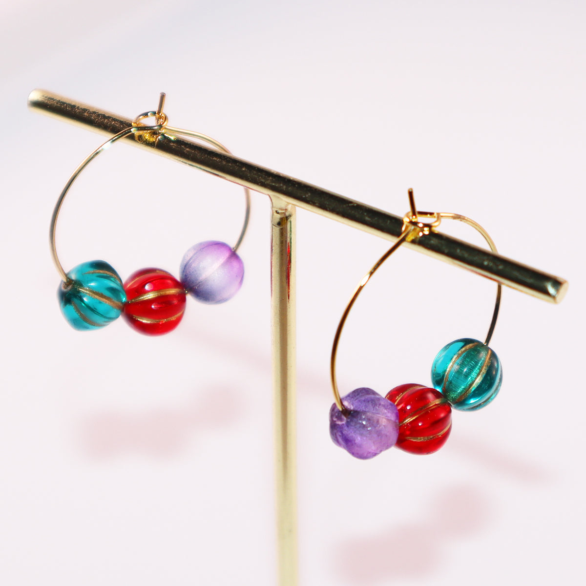 Colorful Hoop Earrings – Purple, Red, Green Beads