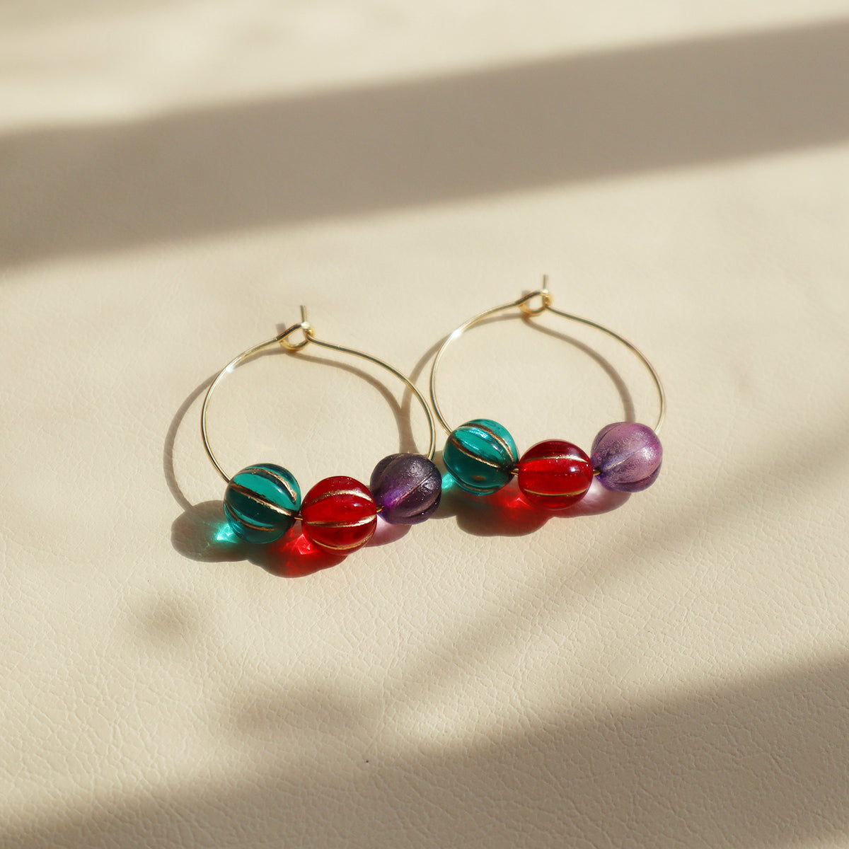 Colorful Hoop Earrings – Purple, Red, Green Beads