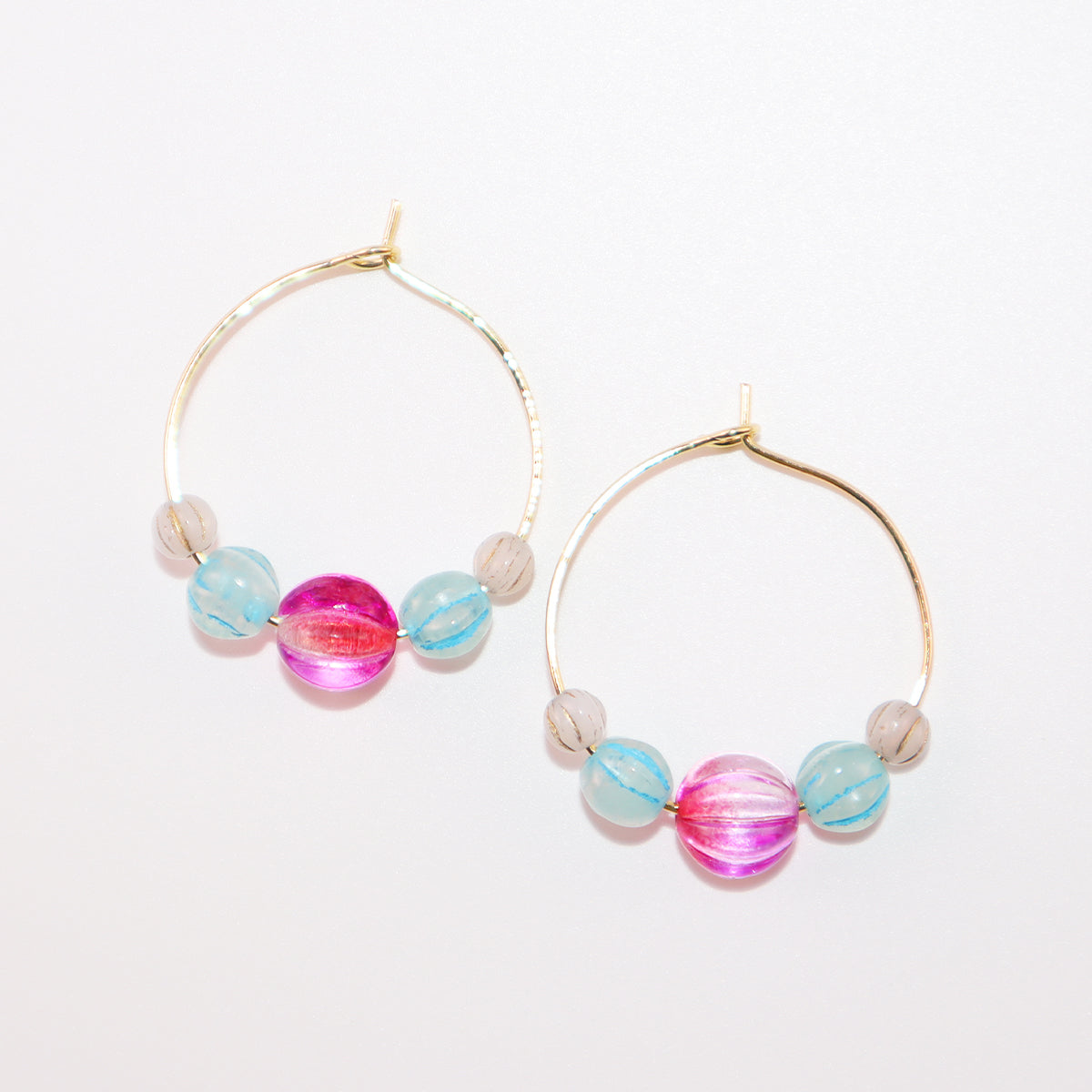 Delicate Pink Bead Hoop Earrings – Blue and White Accents