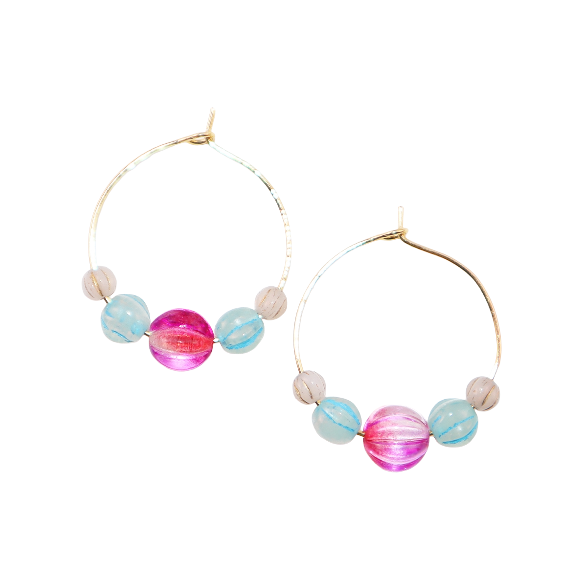 Delicate Pink Bead Hoop Earrings – Blue and White Accents