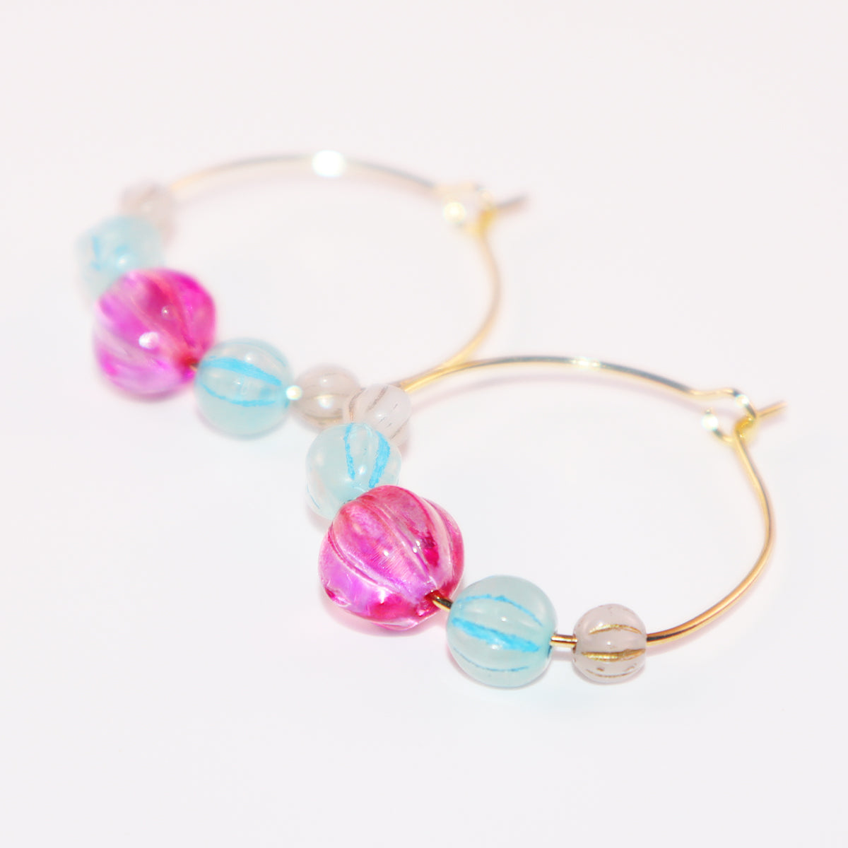 Delicate Pink Bead Hoop Earrings – Blue and White Accents