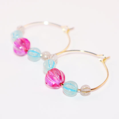 Delicate Pink Bead Hoop Earrings – Blue and White Accents