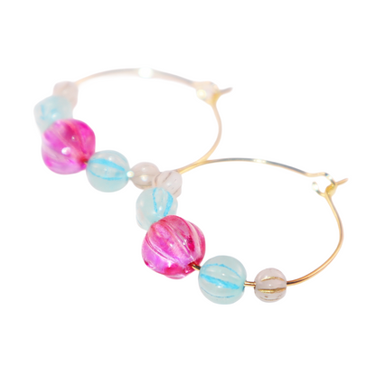 Delicate Pink Bead Hoop Earrings – Blue and White Accents