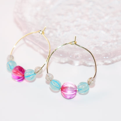 Delicate Pink Bead Hoop Earrings – Blue and White Accents