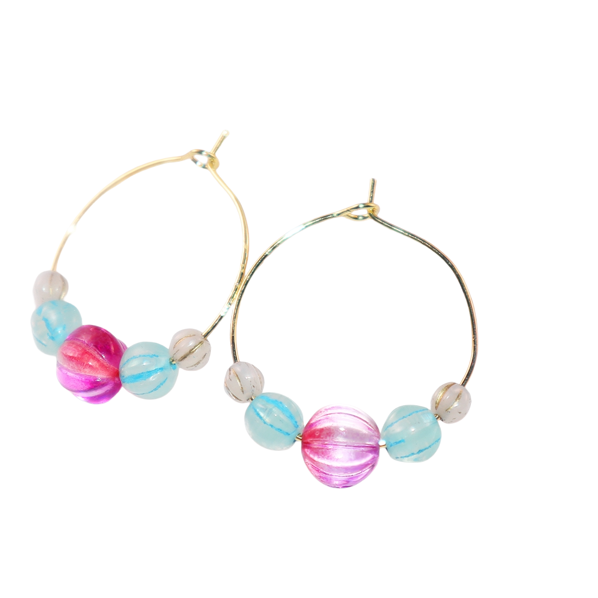 Delicate Pink Bead Hoop Earrings – Blue and White Accents