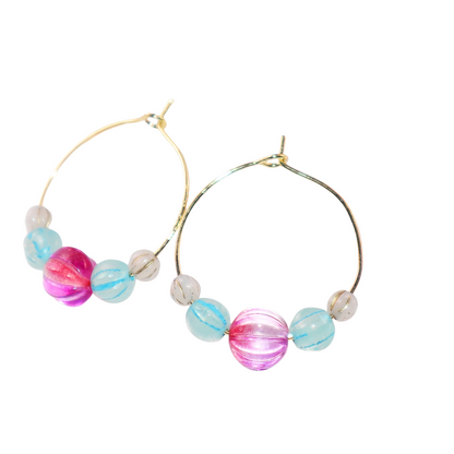 Delicate Pink Bead Hoop Earrings – Blue and White Accents