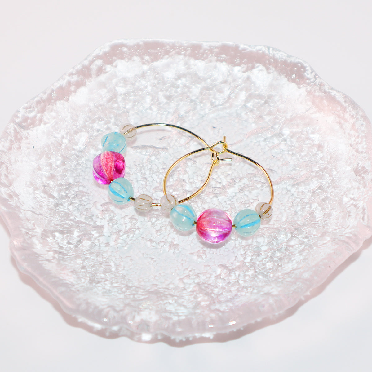 Delicate Pink Bead Hoop Earrings – Blue and White Accents