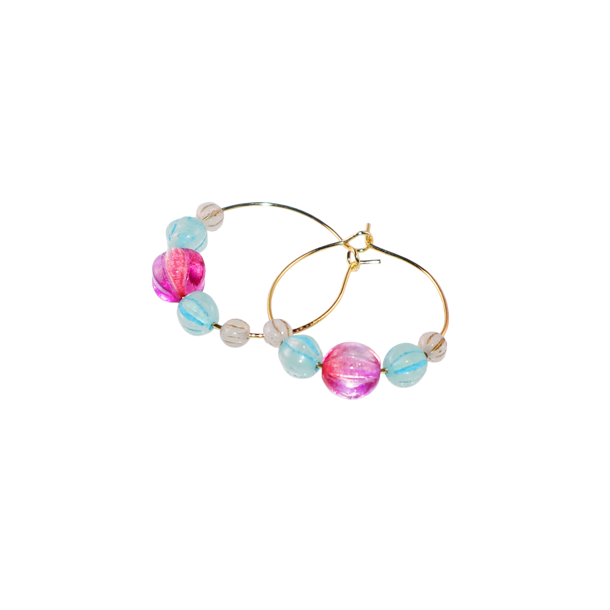 Delicate Pink Bead Hoop Earrings – Blue and White Accents