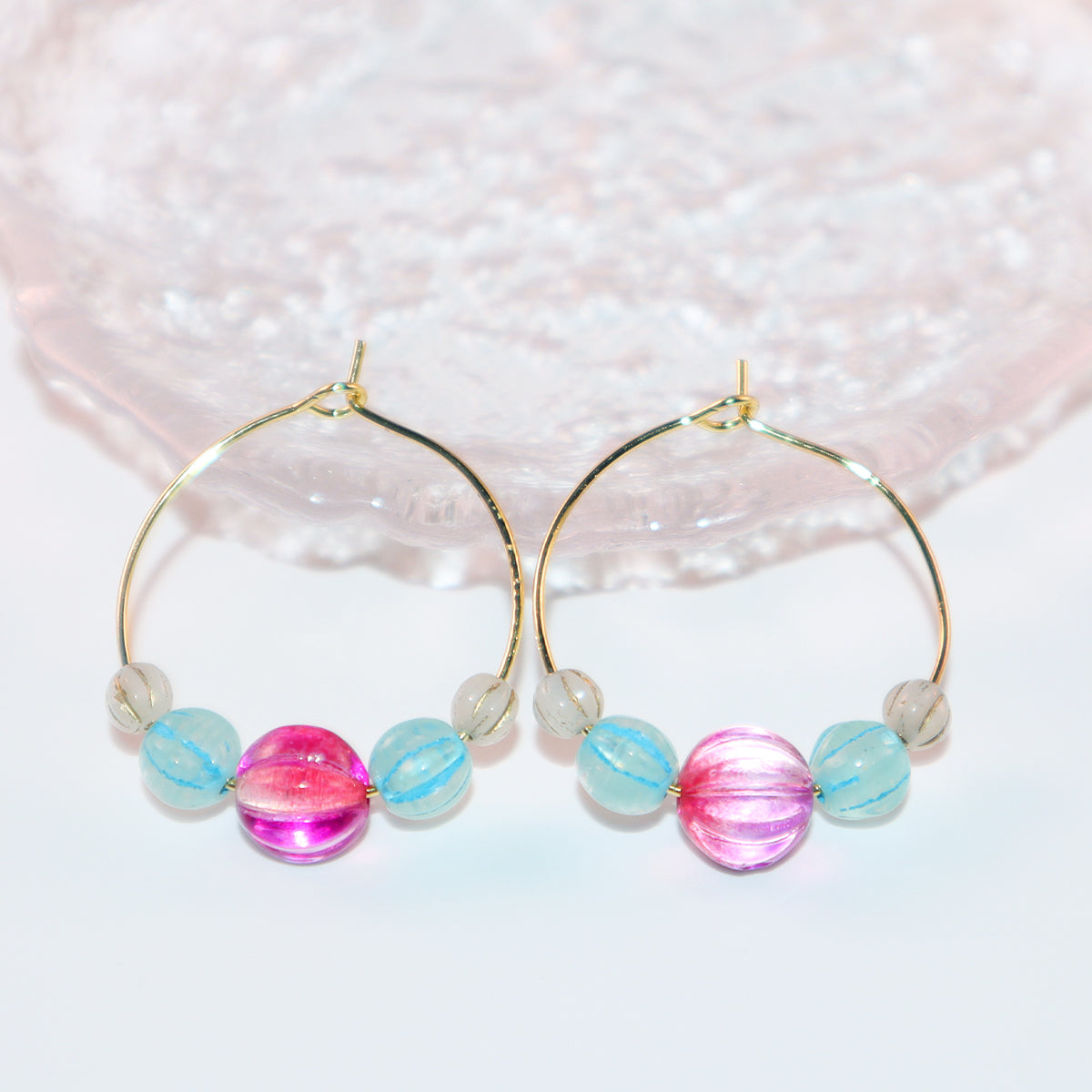 Delicate Pink Bead Hoop Earrings – Blue and White Accents