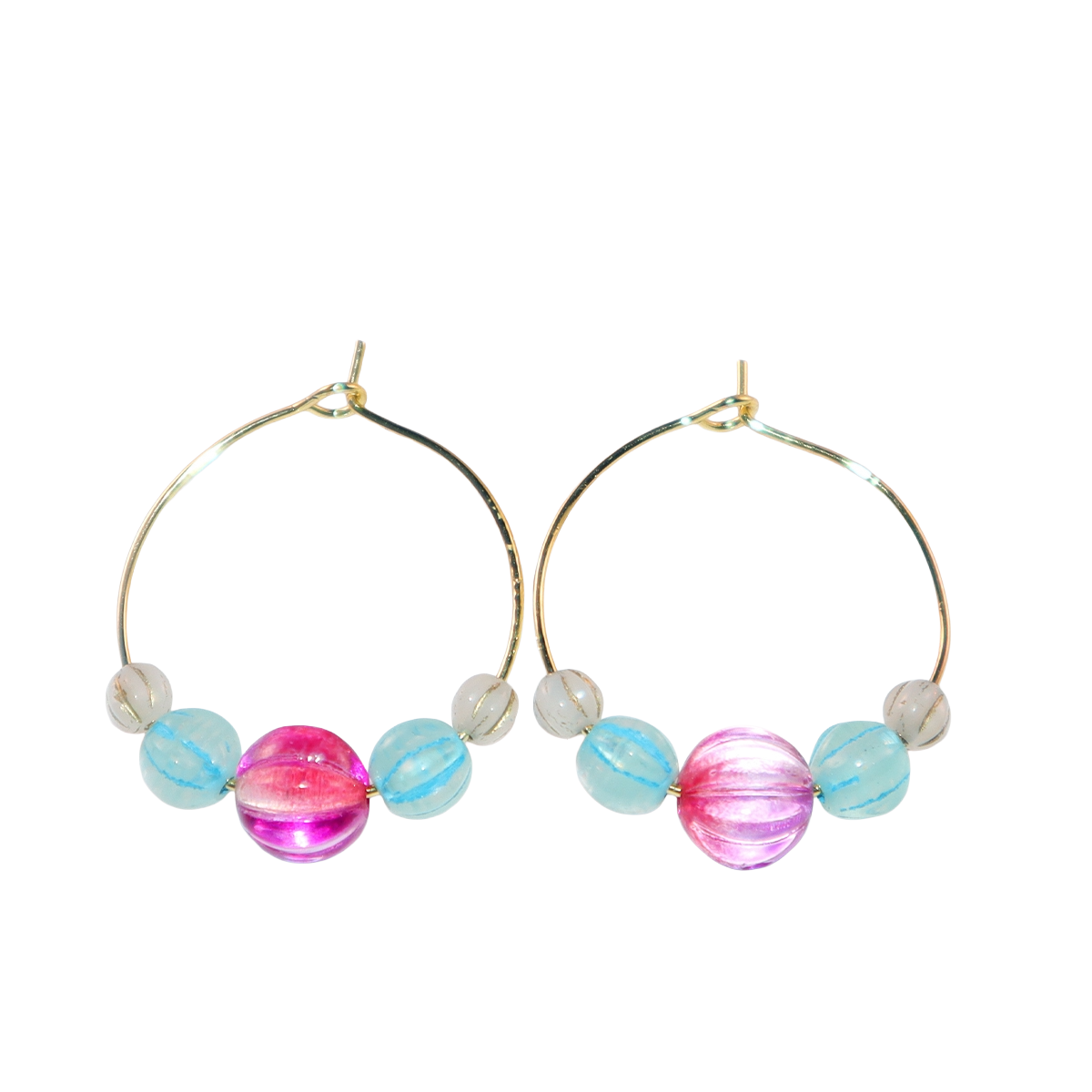 Delicate Pink Bead Hoop Earrings – Blue and White Accents