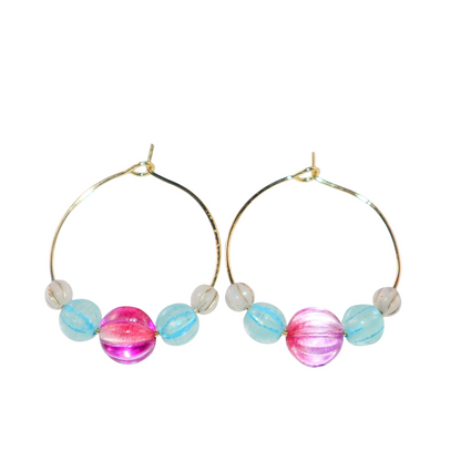 Delicate Pink Bead Hoop Earrings – Blue and White Accents