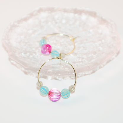 Delicate Pink Bead Hoop Earrings – Blue and White Accents
