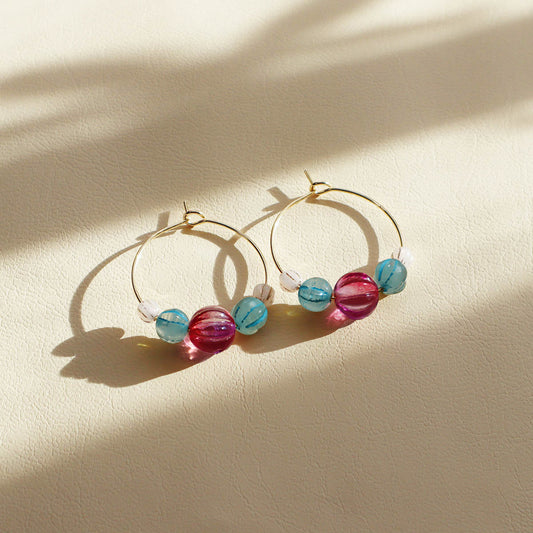 Delicate Pink Bead Hoop Earrings – Blue and White Accents