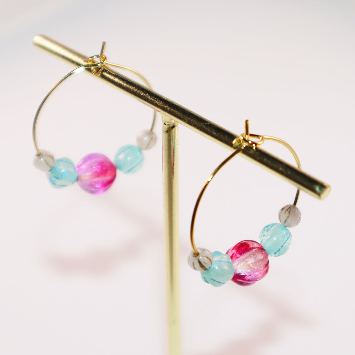 Delicate Pink Bead Hoop Earrings – Blue and White Accents