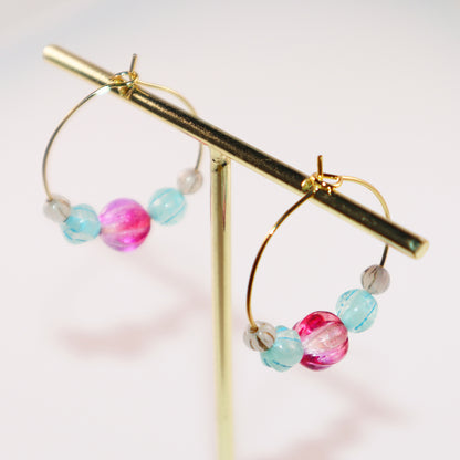 Delicate Pink Bead Hoop Earrings – Blue and White Accents