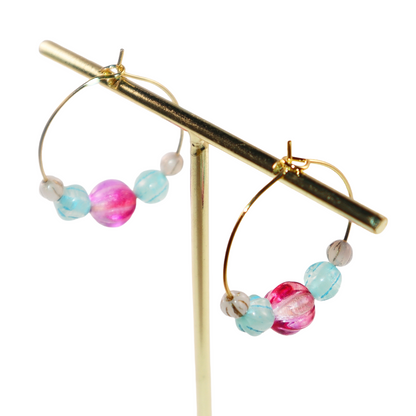 Delicate Pink Bead Hoop Earrings – Blue and White Accents