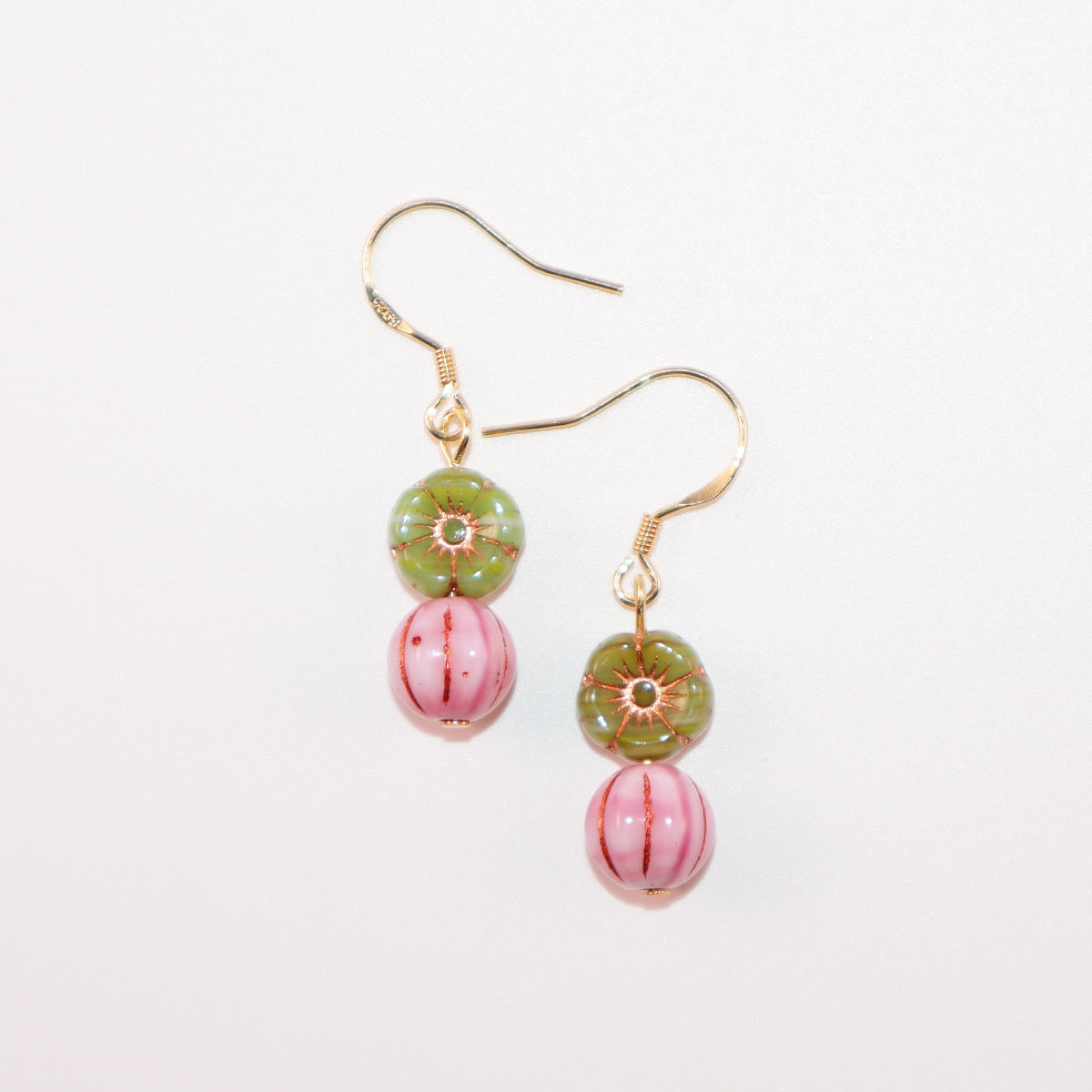 Floral Beaded Earrings – Pink Flowers and Green Beads
