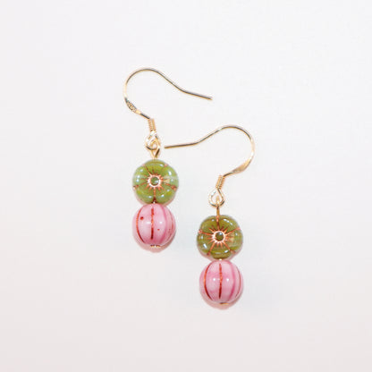 Floral Beaded Earrings – Pink Flowers and Green Beads