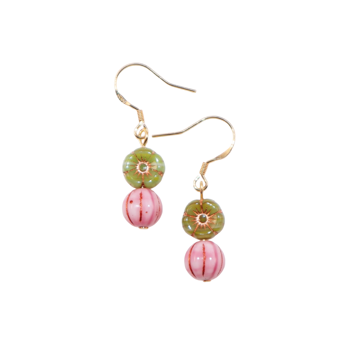 Floral Beaded Earrings – Pink Flowers and Green Beads
