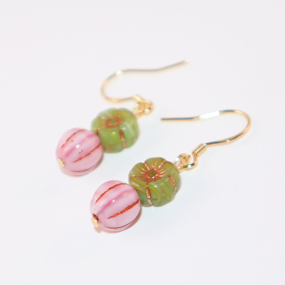 Floral Beaded Earrings – Pink Flowers and Green Beads