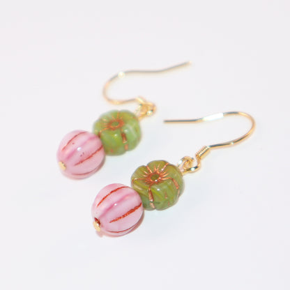 Floral Beaded Earrings – Pink Flowers and Green Beads