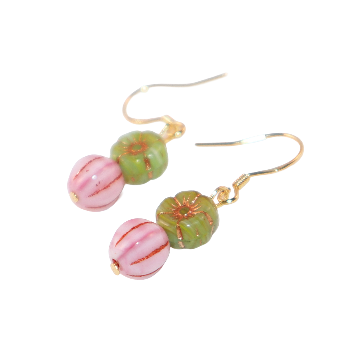 Floral Beaded Earrings – Pink Flowers and Green Beads