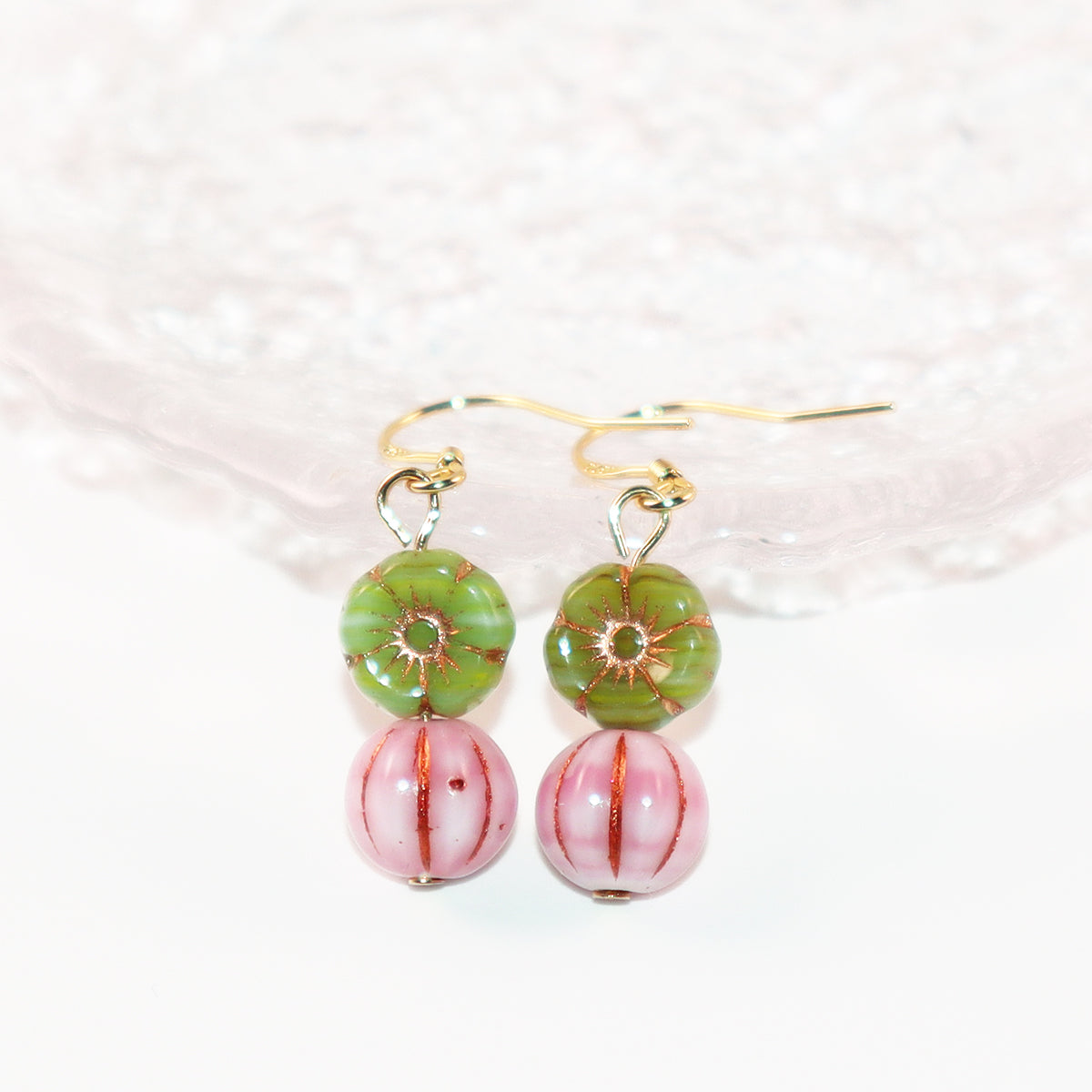 Floral Beaded Earrings – Pink Flowers and Green Beads