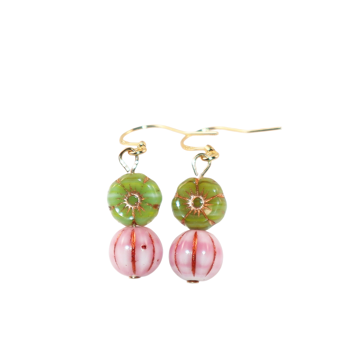 Floral Beaded Earrings – Pink Flowers and Green Beads