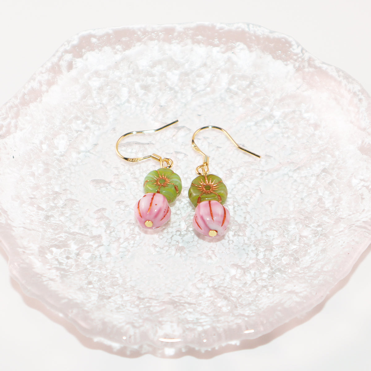 Floral Beaded Earrings – Pink Flowers and Green Beads