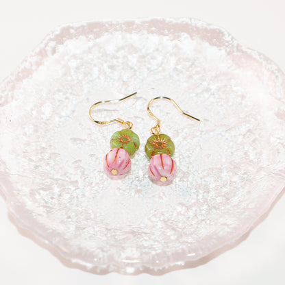 Floral Beaded Earrings – Pink Flowers and Green Beads