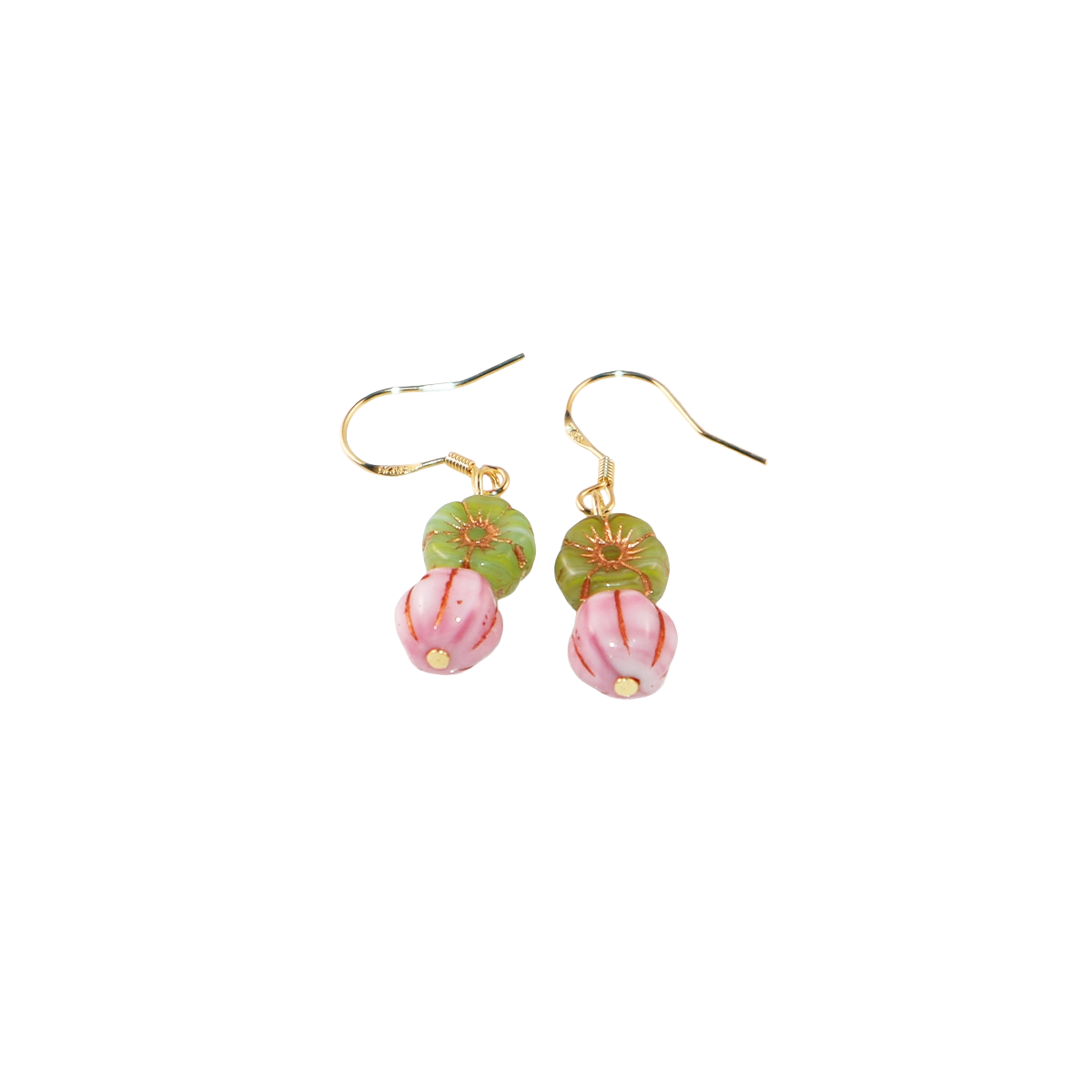 Floral Beaded Earrings – Pink Flowers and Green Beads