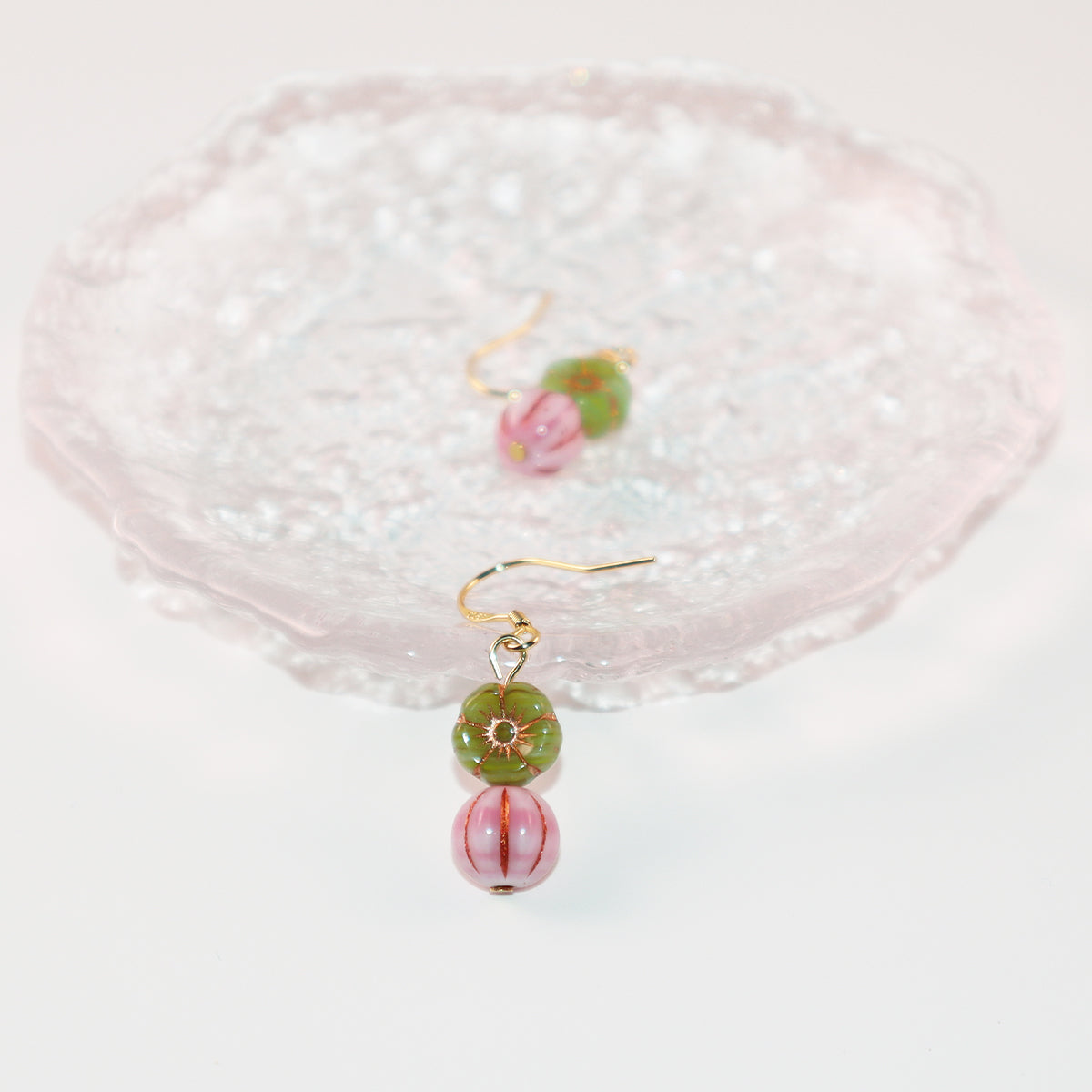 Floral Beaded Earrings – Pink Flowers and Green Beads