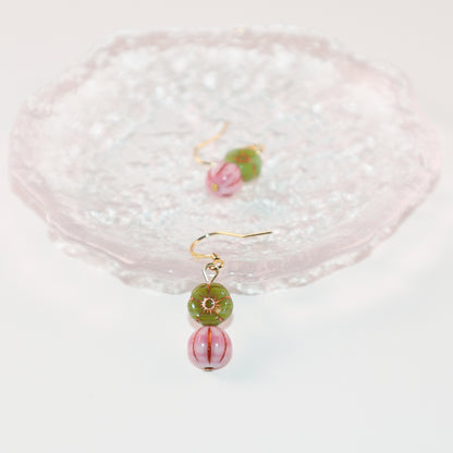 Floral Beaded Earrings – Pink Flowers and Green Beads