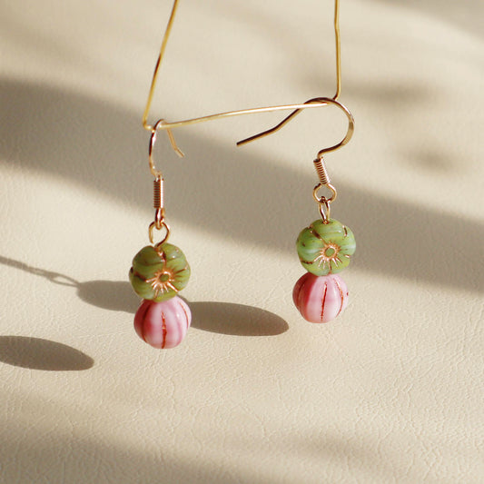 Floral Beaded Earrings – Pink Flowers and Green Beads