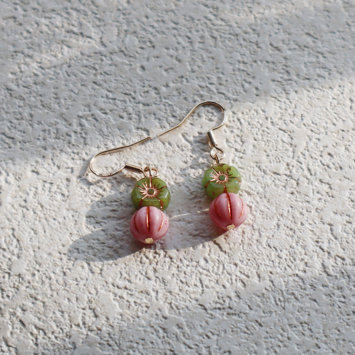 Floral Beaded Earrings – Pink Flowers and Green Beads